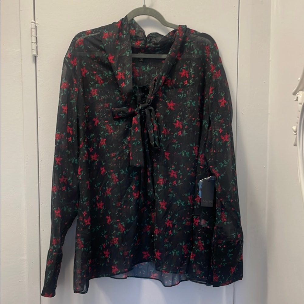 Black and Red Tie Front Long Sleeve Blouse